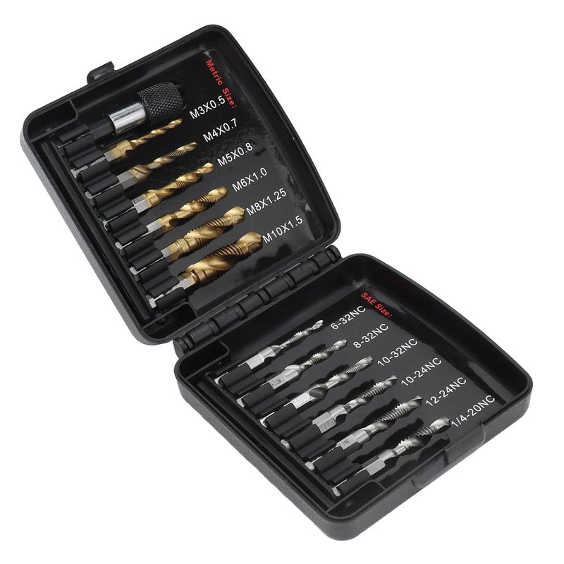 Shanrya Tapping Bits Set, High Hardness Combined Tap Drill 13Pcs HSS with Fast Change Adapter for Drilling for Metal - Image 1
